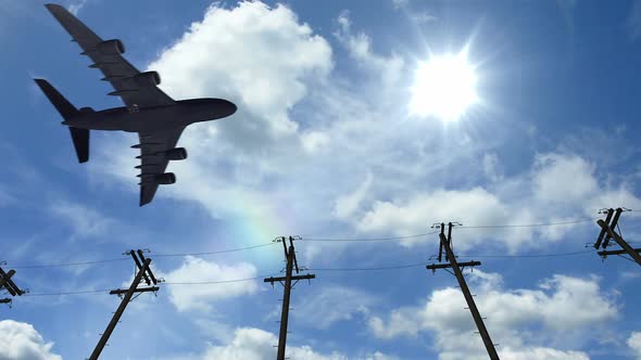 Airplane Fly by Sunny Day Blue Sky. Aircraft Passing By