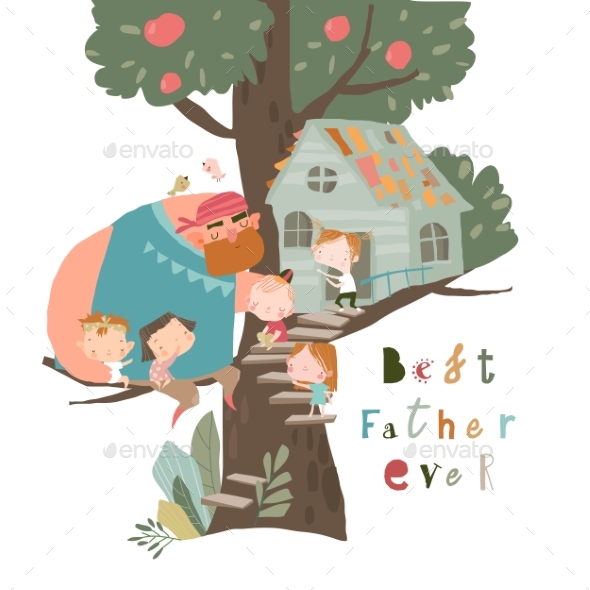 Happy Father Playing with Children on Treehouse