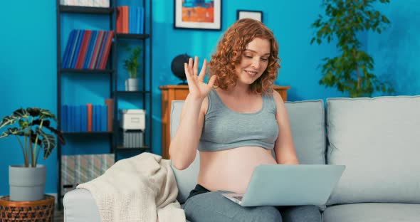 A Redhaired Pregnant Woman Sits on a Sofa in the Living Room with a Computer