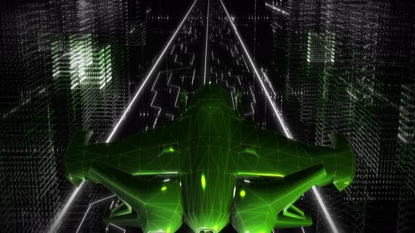 Moving In Alternative Futuristic Computer Digital Environment By Fighter Plane alt
