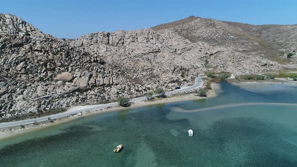 Piperi beach in Naoussa on Paros island in the Cyclades in Greece aerial view