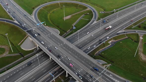 Autos Drive Along Highway Multilevel Traffic Intersection