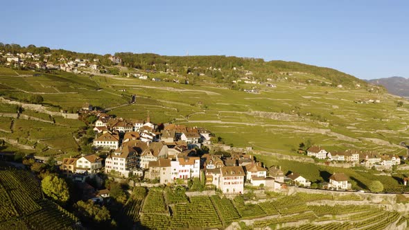 Partial overflight of typical village (Rivaz) in Lavaux vineyard, SwitzerlandSunset light and autum