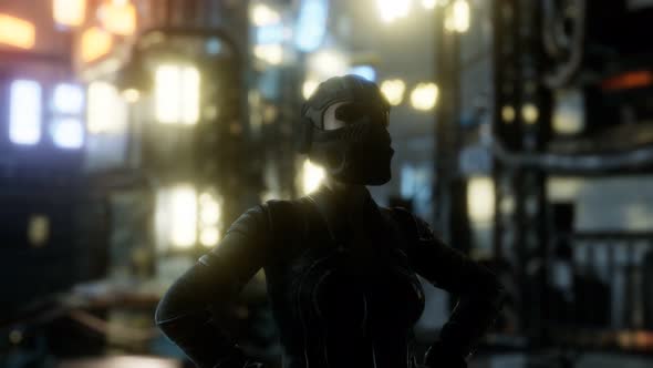 Futuristic Cyberpunk Style Young Woman with Neon Bokeh Lights