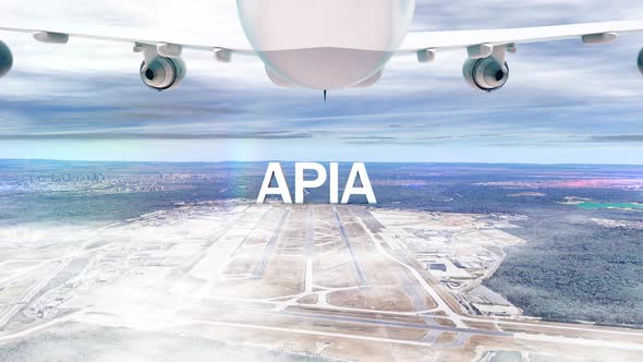 Commercial Airplane Over Clouds Arriving City Apia