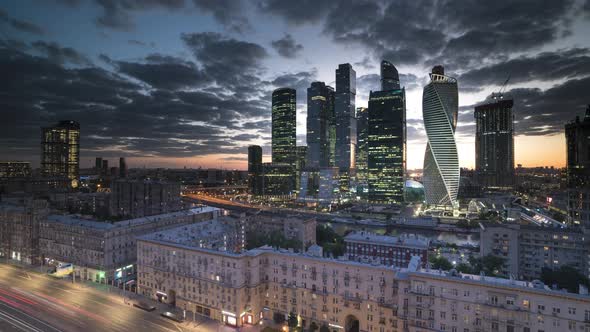 beautiful sunset from the roof with a view of Moscow city