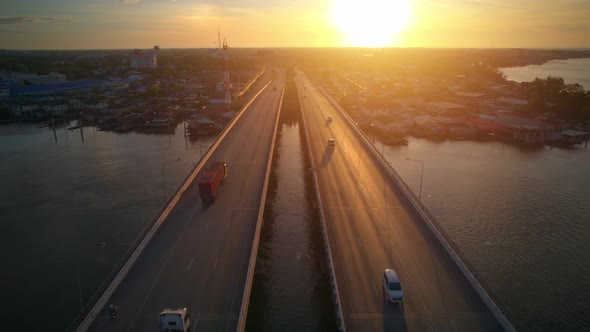 4K Hyper lapse : Drone fly over the bridge and a river.