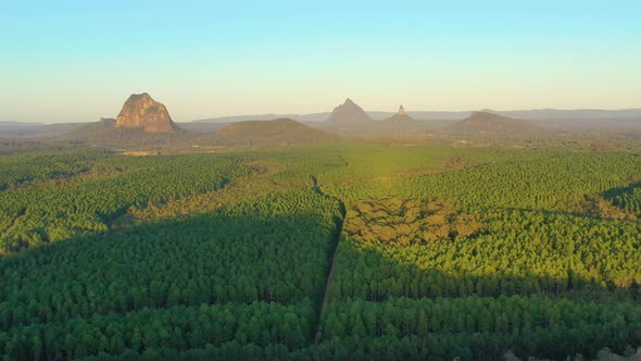 Aerial view of Wild Horse Mountain Lookout & the Glass House Mountains, Queensland, Australia.