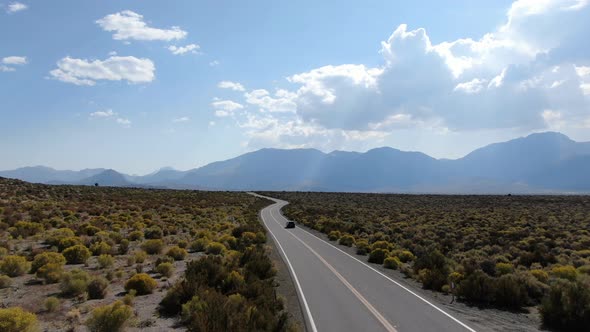 Aerial View of Asphalt Road in the Middle of Dusty Dry Desert Land in Lee Vining