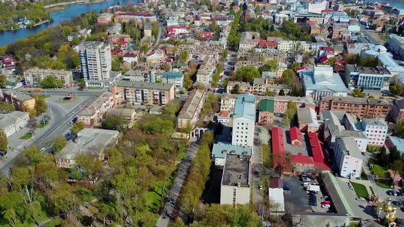 Residential area of city. Aerial view from flying drone of city architecture