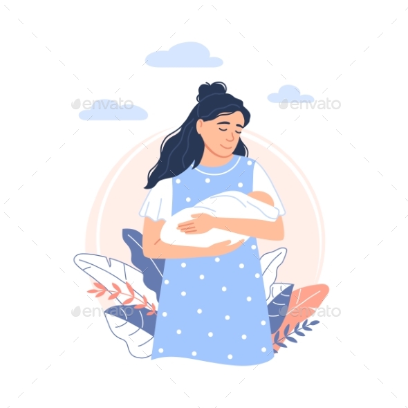 Cartoon Caucasian Mother Holds a Cute Newborn Baby