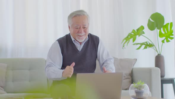 elderly using computer laptop and smile celebrating with positive emotional at home