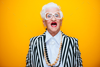 sing elegant for a special event. granny fashion model on colored backgrounds