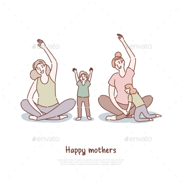 Mothers Doing Yoga with Kids Moms and Children