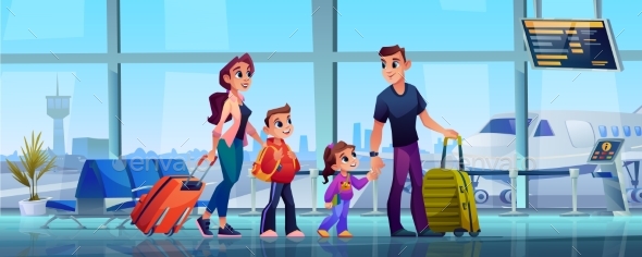Family in Airport Terminal Parents Kids Luggage
