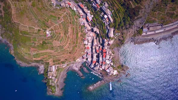 Aerial travel view of Manarola, Cinque Terre, Italy.