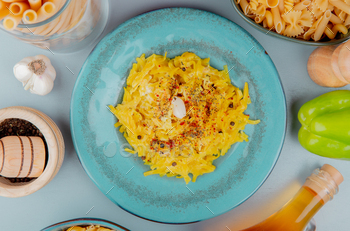 top view of macaroni pasta in plate with different macaronis as bucatini and others, black pepper / Photodune, Misc