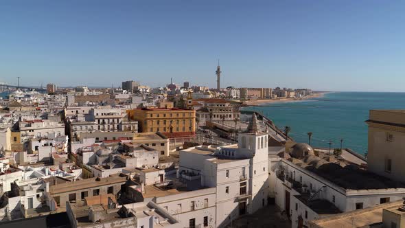 Beautiful panorama view over Mediterranean city next to ocean with typical houses