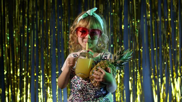 Trendy Stylish Child Kid with Pineapple Fruit Drinking Juice in Futuristic Club with Neon Light