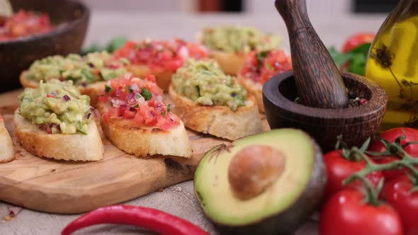 Vegan Healthy Breakfast  Tomato Salsa and Guacamole on Whole Grain Bread Bruschetta