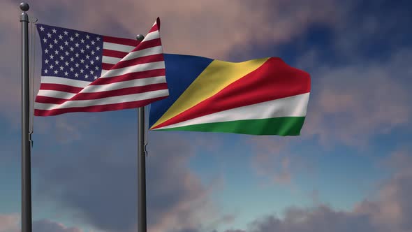 Seychelles Flag Waving Along With The National Flag Of The USA - 4K