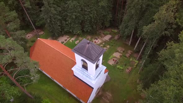 Aerial view of Orthodox Chapel located in cemetery in Estonia.