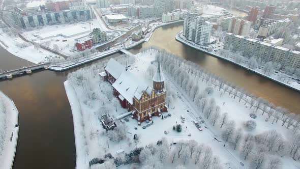 Aerial view of the Cathedral in Kaliningrad in the wintertime