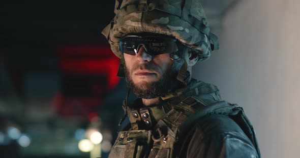 Soldier in Hi Tech Goggles During Military Mission