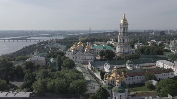 Kyiv Pechersk Lavra. Slow Motion. Aerial View, Flat, Gray