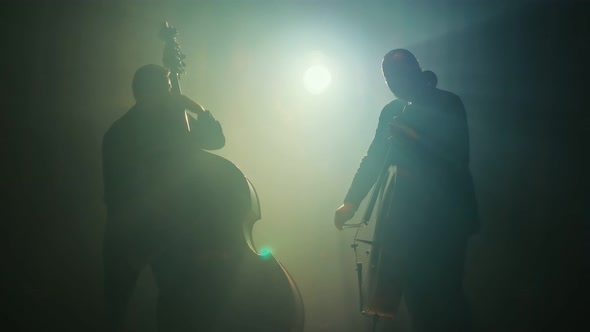 Silhouettes of Musicians Playing the Cello Double Bass on the Big Stage of the Concert Hall