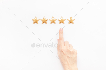 5 stars, best excellent services rating with woman hand for satisfaction isolated on white background. Top view, copy space for your text