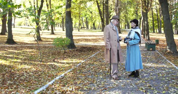 Elegant Elderly Married Couple Talking During a Walk in Sunny Autumn Park