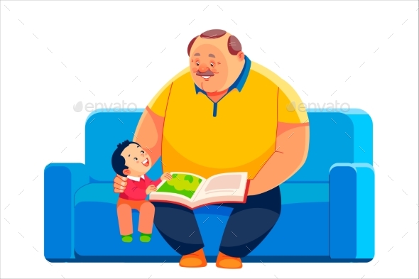 Grandfather and Grandson Sit on the Sofa and Read