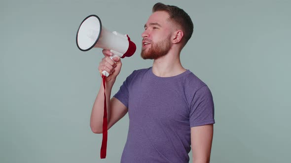 Smiling Bearded Man Talking with Megaphone Proclaiming News Loudly Announcing Sale Advertisement