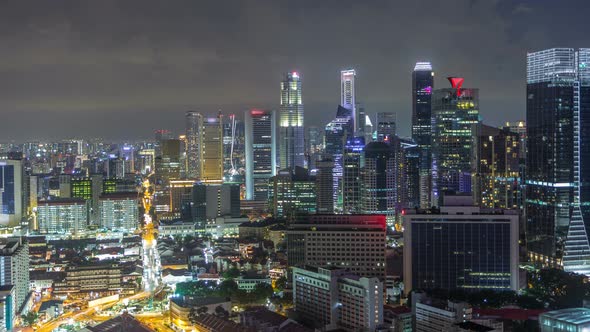 Aerial View of Chinatown and Downotwn of Singapore Night Timelapse