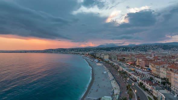 Panorama Over Nice City and Mediterranean Sea Aerial Day to Night Timelapse