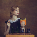 Young woman in art action isolated on brown background. Retro style, comparison of eras concept - PhotoDune Item for Sale