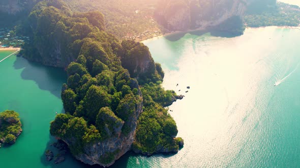 4K aerial view of the beautiful mountain coast of the tropical sea