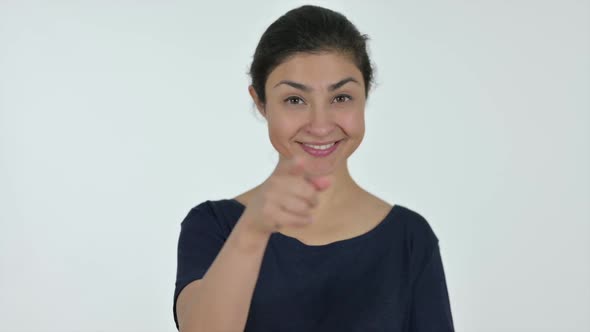 Indian Woman Pointing with Finger White Background