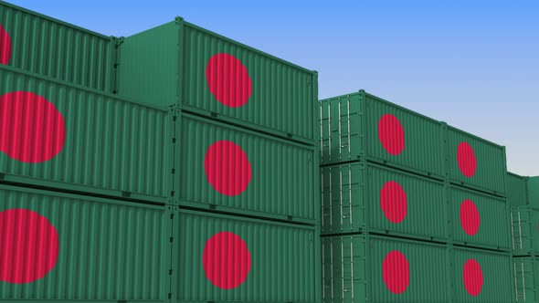 Container Terminal Full of Containers with Flag of Bangladesh