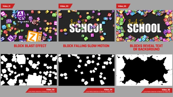 Back to School 3D Alphabet Blocks Blast, Falling and Reveal, Luma Matte Selection of Blocks