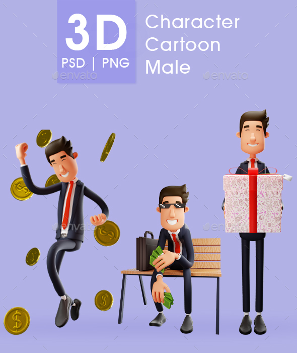 Set of 3D Illustrations. Businessman Cartoon Character With Coins, Sunglases, and Gift Box