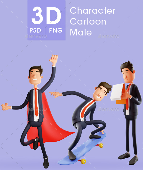 Set of 3D Illustrations. Businessman Cartoon Character With Red Robe, Skateboard, and Check