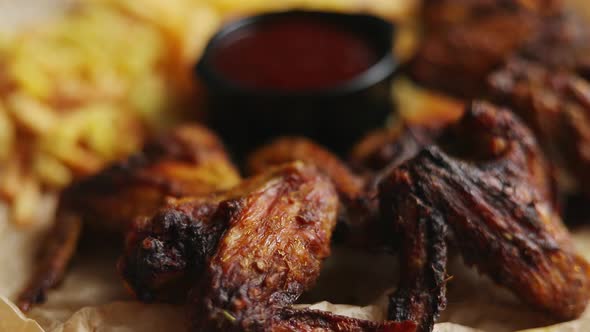 Appetizing Roasted Chicken Wings and French Fries with Barbecue Dip, Served on Baking Paper