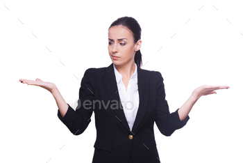 holding copy space in both hands while standing isolated on white