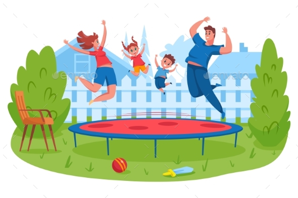 Happy Family Jumping on Trampoline