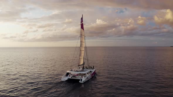 Aerial view of a catamaran sailing along the coast, Reunion Island. .