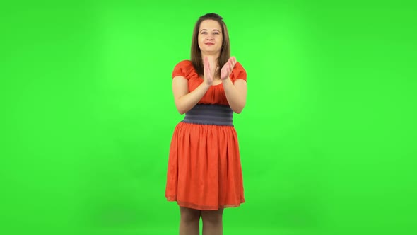 Cute Girl Clapping Her Hands with Wow Happy Joy and Delight. Green Screen