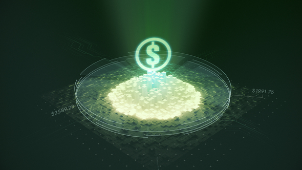 Luminous financial bars on green dark background showing hologram of Dollars