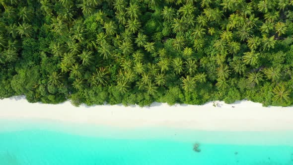Aerial top view nature of tranquil seashore beach break by shallow ocean with white sandy background